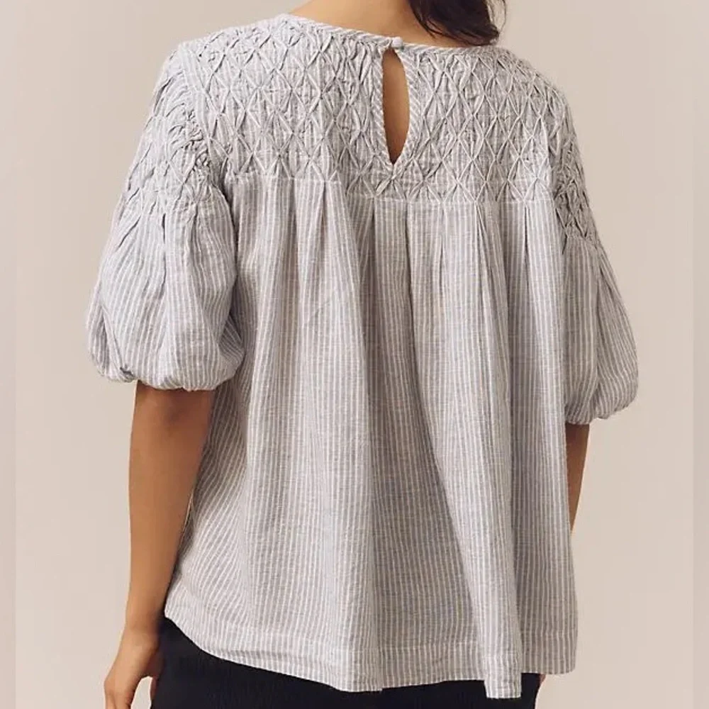 Anthropologie Textured the Liza puff sleeve smocked Blue Striped Blouse small - Picture 2 of 16